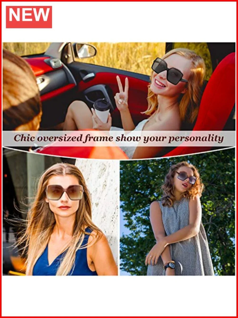 3 Pairs Retro Square Sunglasses Oversized UV Protection Polycarbonate Lens